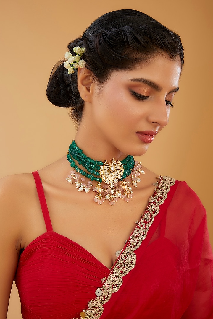 Gold Finish Kundan Polki & Green Beaded Choker Necklace by XAGO at Pernia's Pop Up Shop