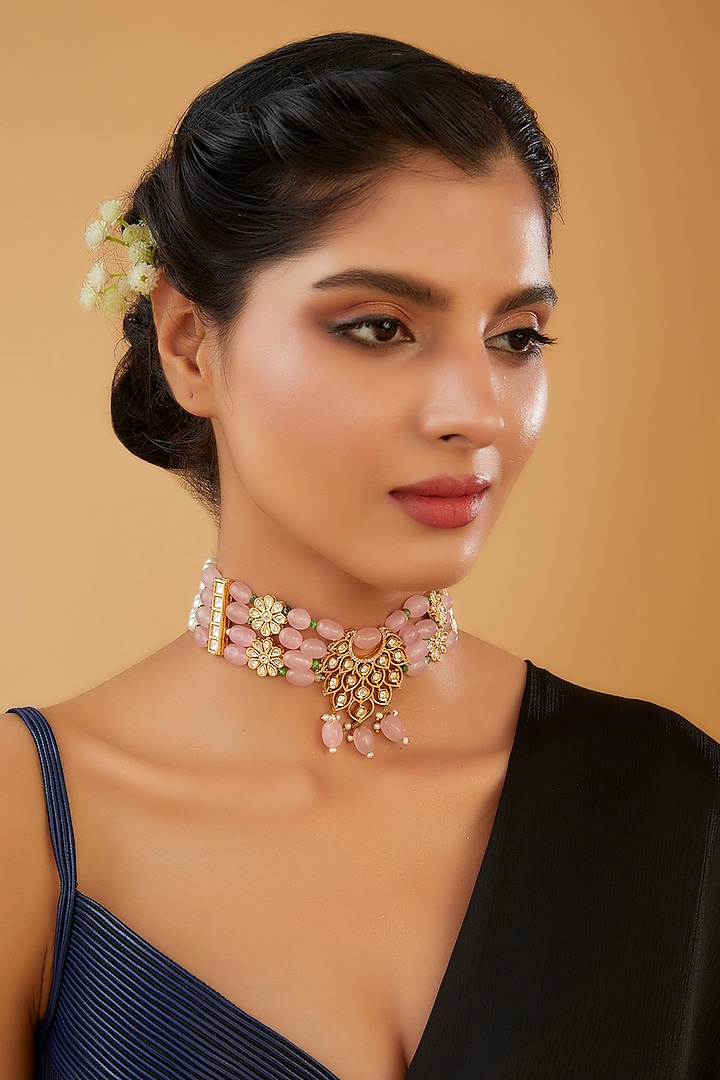 Gold Finish Kundan Polki & Pink Onyx Beaded Choker Necklace by XAGO at Pernia's Pop Up Shop