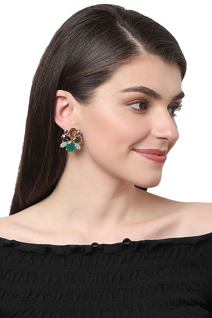 Gold Finish Quartz & Chalcedony Stud Earrings by XAGO at Pernia's Pop Up Shop