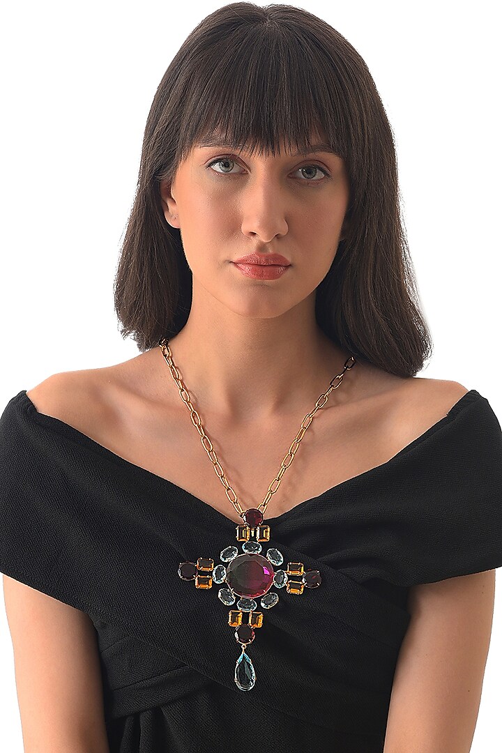 Gold Finish Semi Precious Gemstone Pendant Necklace by XAGO at Pernia's Pop Up Shop