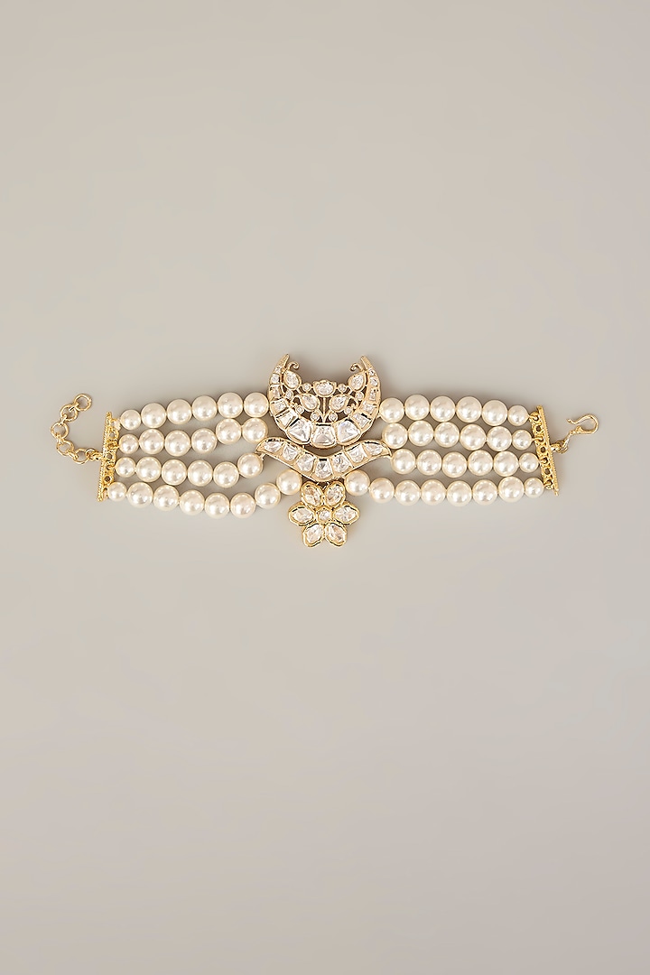 Gold Finish Kundan Polki & Pearl Bracelet by XAGO at Pernia's Pop Up Shop