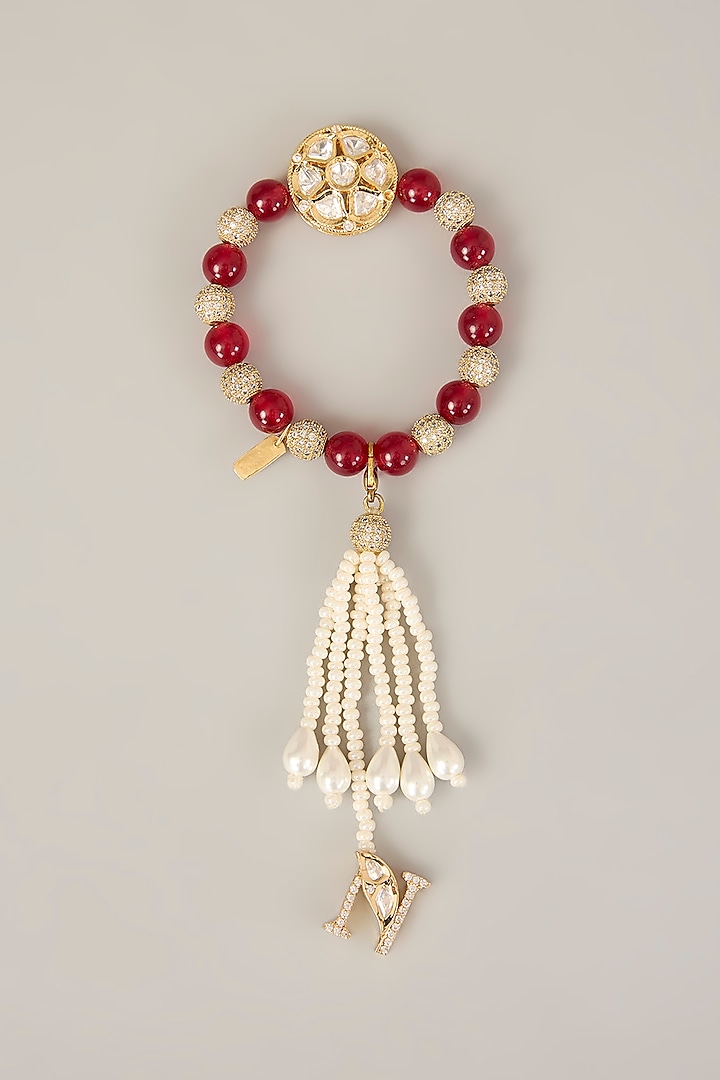 Gold Finish Kundan Polki & Red Pearl Bracelet by XAGO at Pernia's Pop Up Shop