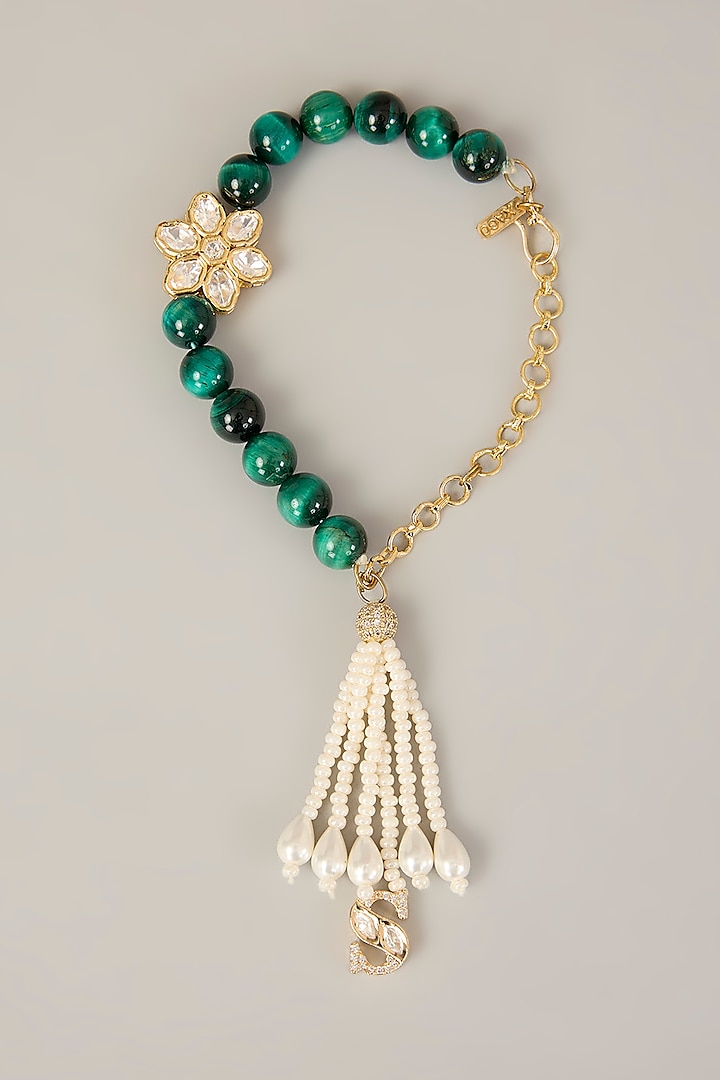 Gold Finish Kundan Polki & Green Pearl Bracelet by XAGO at Pernia's Pop Up Shop