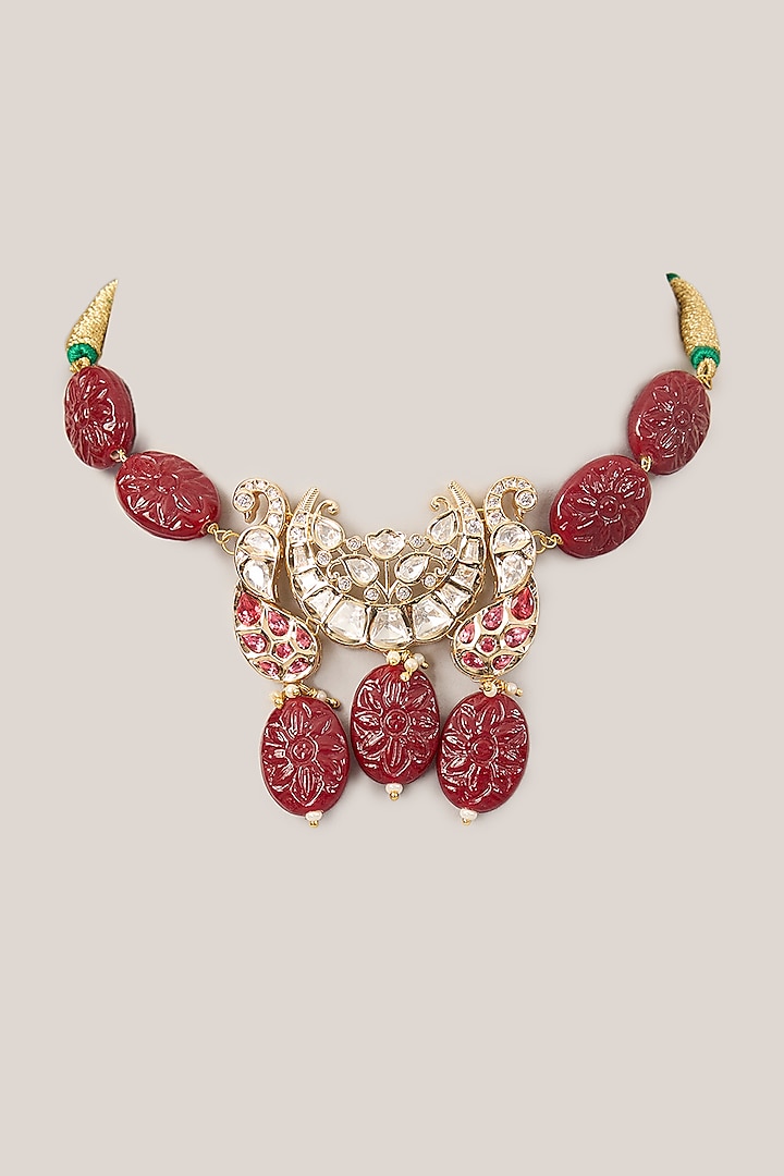 Rose Gold Finish Kundan Polki & Maroon Beaded Choker Necklace by XAGO at Pernia's Pop Up Shop