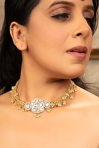 Gold Finish Kundan Polki & Pearl Necklace by XAGO