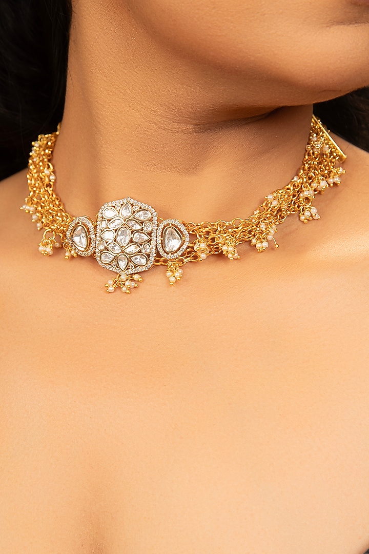 Gold Finish Kundan Polki & Pearl Necklace by XAGO at Pernia's Pop Up Shop