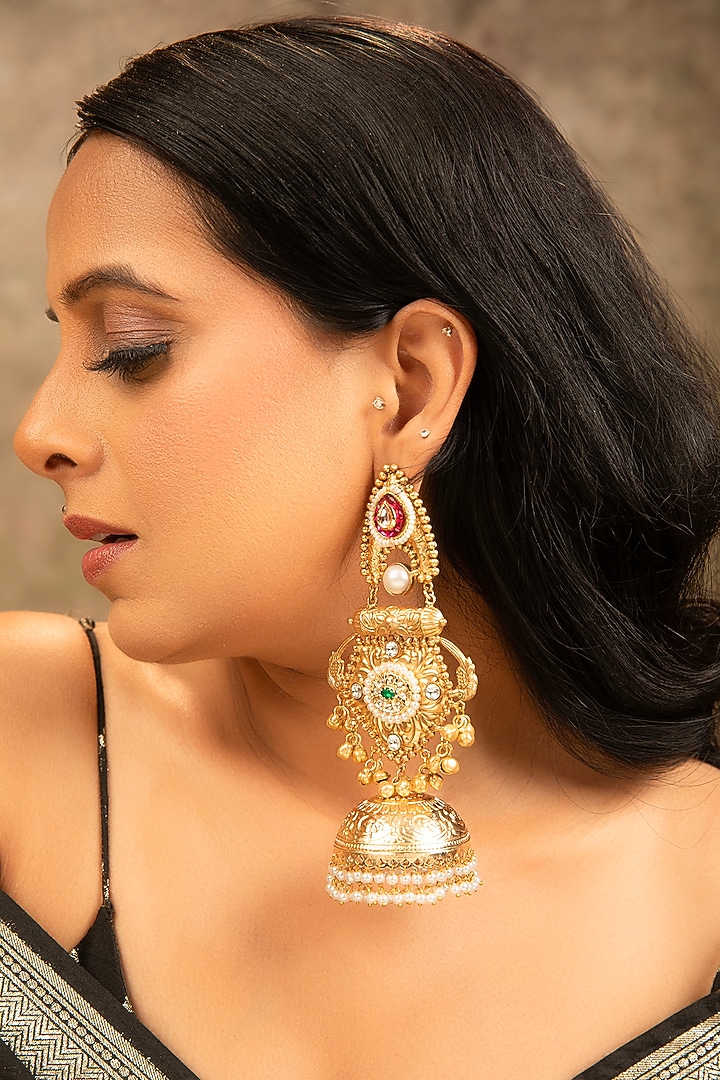 Gold Finish Pearl Jhumka Earrings by XAGO at Pernia's Pop Up Shop