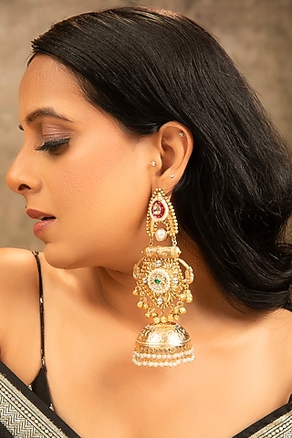 Gold Finish Pearl Jhumka Earrings by XAGO