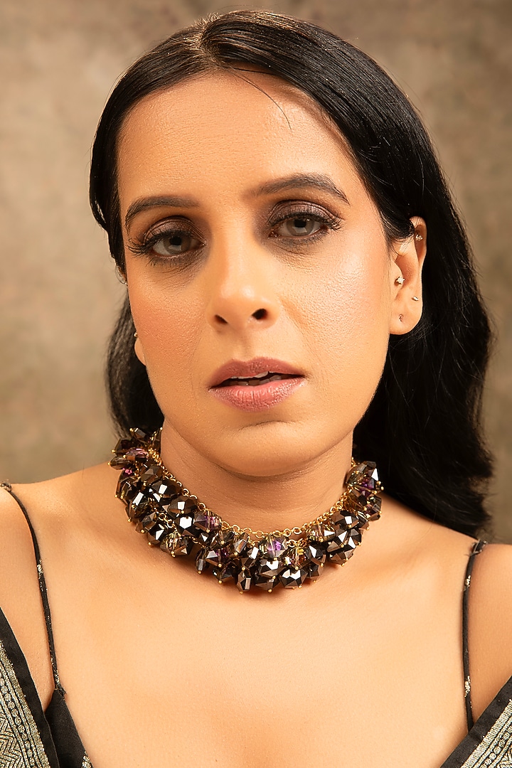 Gold Finish Black Stone & Pearl Necklace by XAGO at Pernia's Pop Up Shop