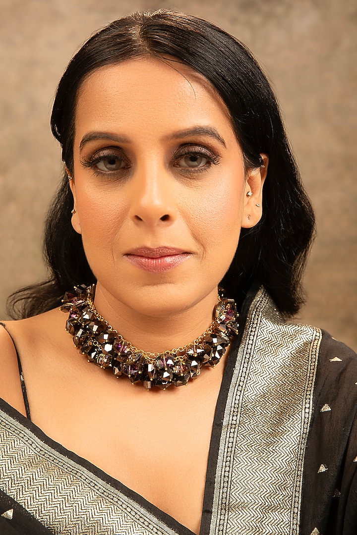 Gold Finish Black Stone & Pearl Necklace by XAGO at Pernia's Pop Up Shop