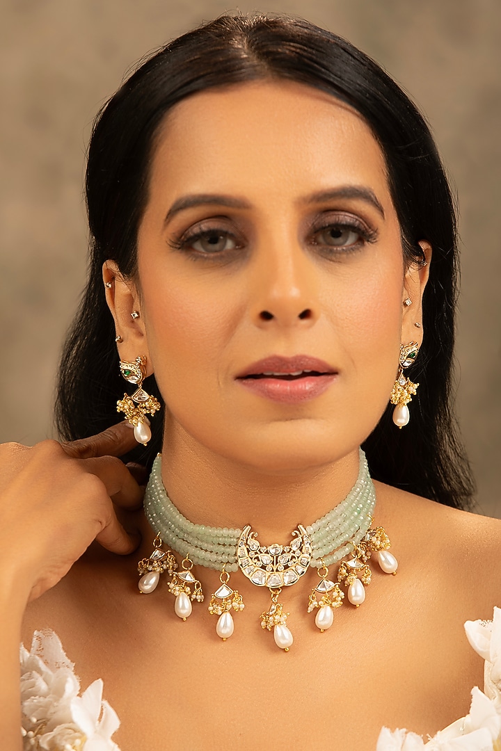 Gold finish Kundan Polki & Pearl Choker Necklace Set by XAGO at Pernia's Pop Up Shop