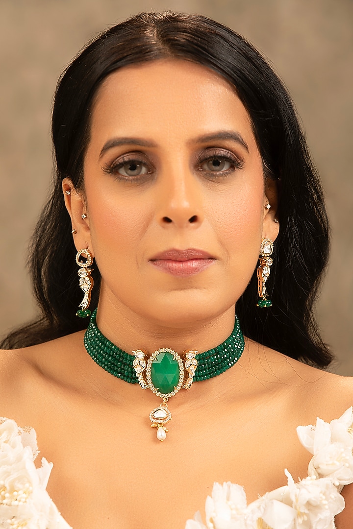Gold finish Kundan Polki & Pearl Choker Necklace Set by XAGO at Pernia's Pop Up Shop