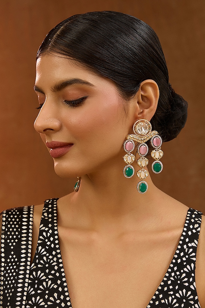 Gold Finish Kundan Polki & Multi-Colored Onyx Dangler Earrings by XAGO at Pernia's Pop Up Shop