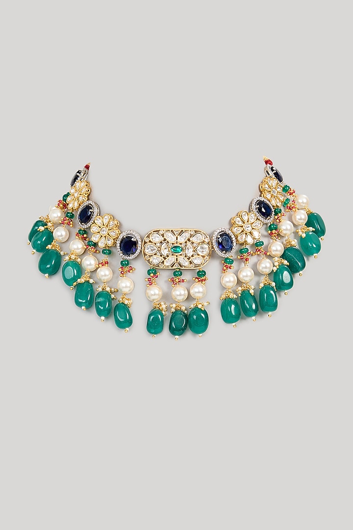 Gold Finish Kundan Polki & Multi-Colored Beaded Choker Necklace by XAGO at Pernia's Pop Up Shop