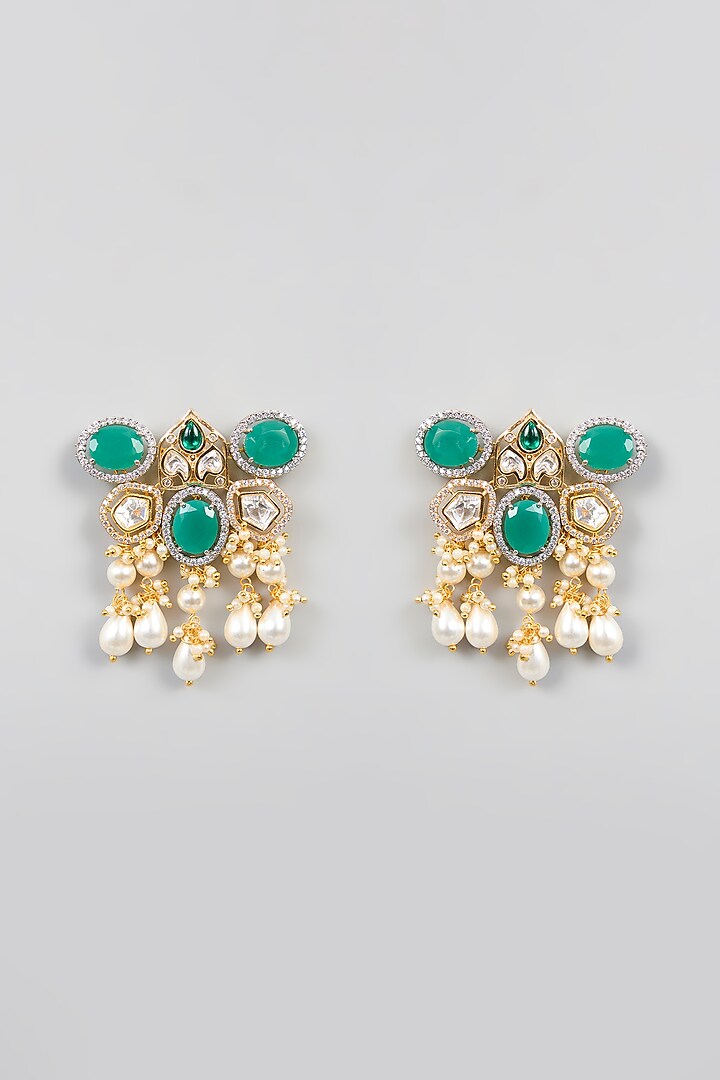 Gold Finish Green Kundan Polki & Pearl Hoop Earrings by XAGO at Pernia's Pop Up Shop