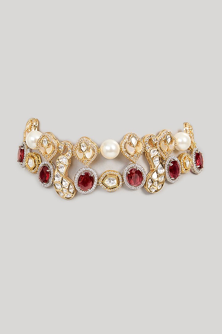 Gold Finish Kundan Polki & Red Beaded Choker Necklace by XAGO at Pernia's Pop Up Shop