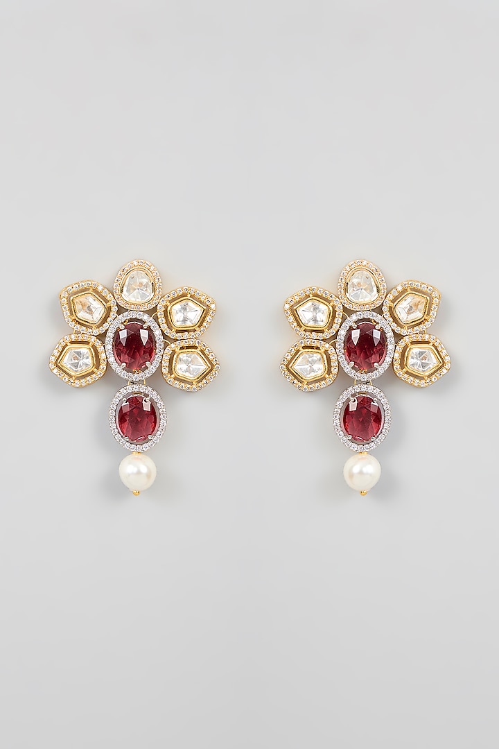 Gold Finish Kundan Polki & Red Stone Stud Earrings by XAGO at Pernia's Pop Up Shop