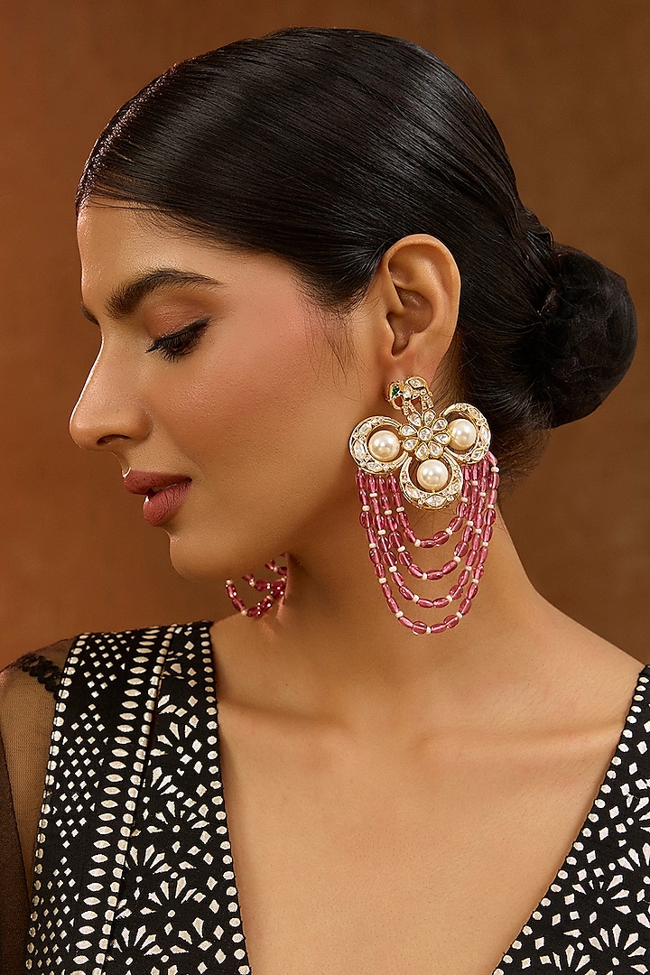 Gold Finish Kundan Polki & Pink Pearl Dangler Earrings by XAGO at Pernia's Pop Up Shop