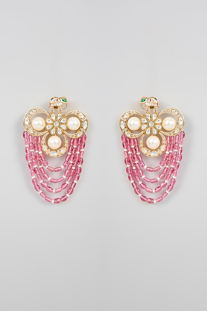 Gold Finish Kundan Polki & Pink Pearl Dangler Earrings by XAGO at Pernia's Pop Up Shop