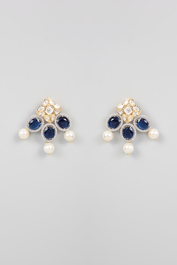 Gold Finish Kundan Polki & Blue Stone Stud Earrings by XAGO at Pernia's Pop Up Shop