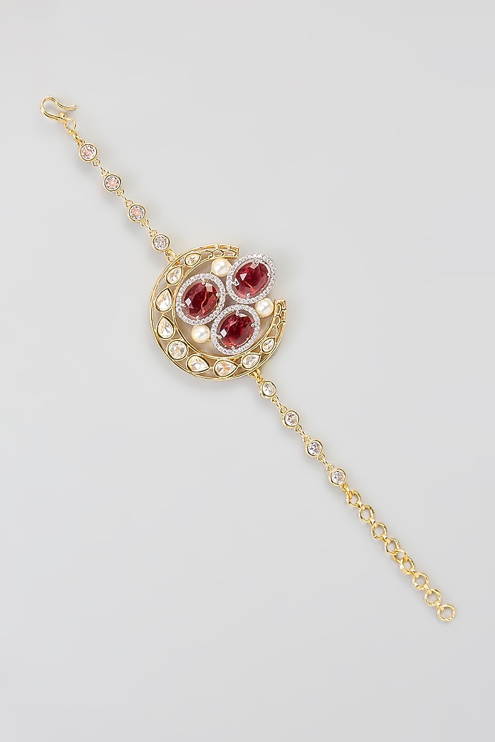 Gold Rhodium Finish Kundan Polki & Red Beaded Bracelet by XAGO at Pernia's Pop Up Shop