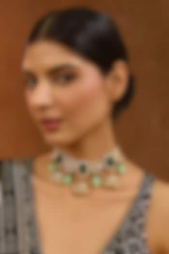 Gold Finish Kundan Polki & Green Beaded Necklace by XAGO at Pernia's Pop Up Shop