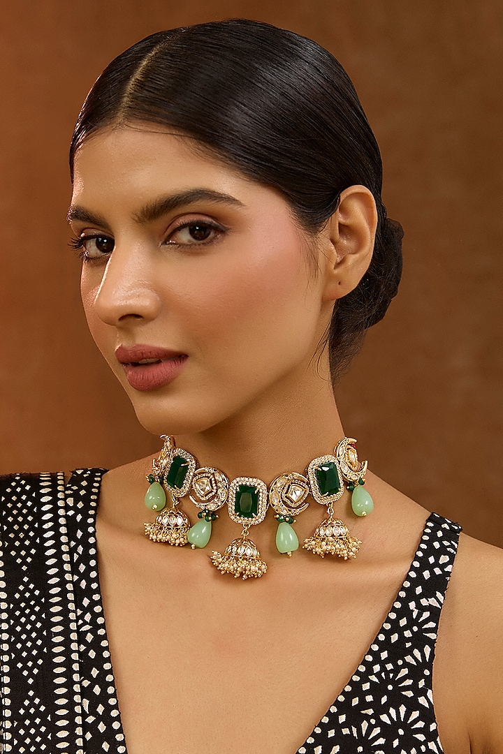 Gold Finish Kundan Polki & Green Beaded Necklace by XAGO at Pernia's Pop Up Shop