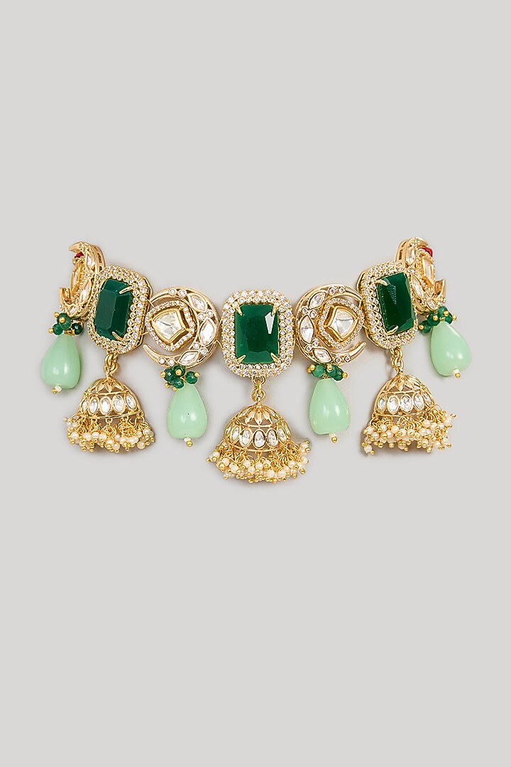 Gold Finish Kundan Polki & Green Beaded Necklace by XAGO at Pernia's Pop Up Shop