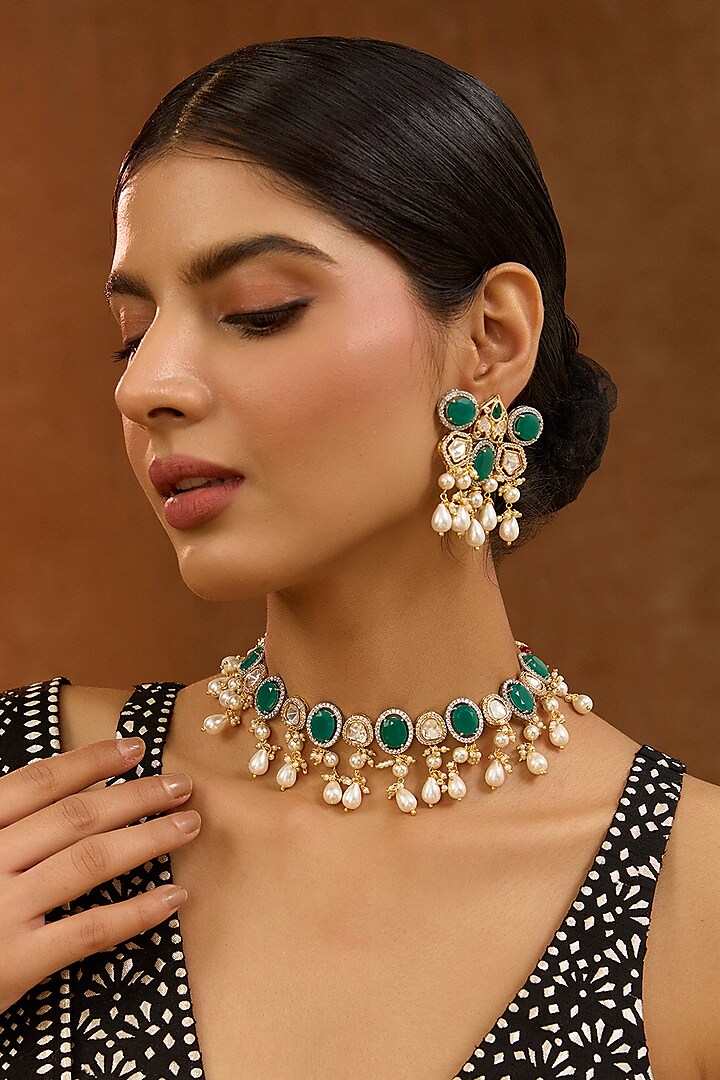 Gold Finish Kundan Polki & Mint Green Beaded Necklace Set by XAGO at Pernia's Pop Up Shop