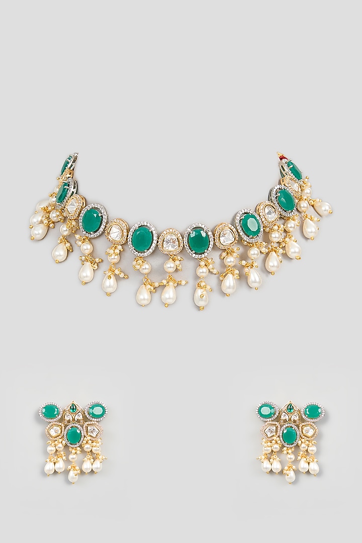 Gold Finish Kundan Polki & Mint Green Beaded Necklace Set by XAGO at Pernia's Pop Up Shop
