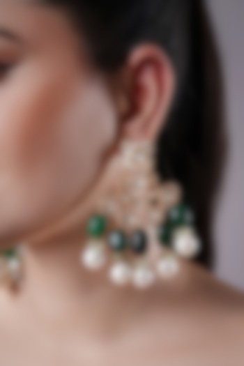 Gold Finish Kundan Polki & Green Onyx Hoop Earrings by XAGO at Pernia's Pop Up Shop