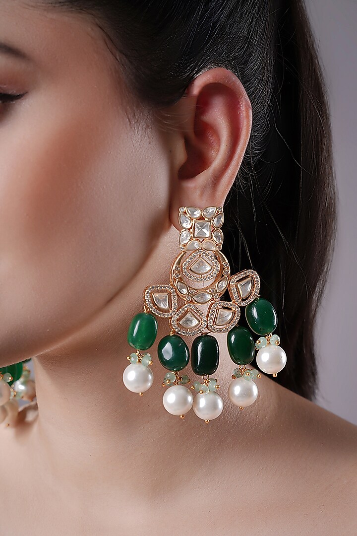 Gold Finish Kundan Polki & Green Onyx Hoop Earrings by XAGO at Pernia's Pop Up Shop