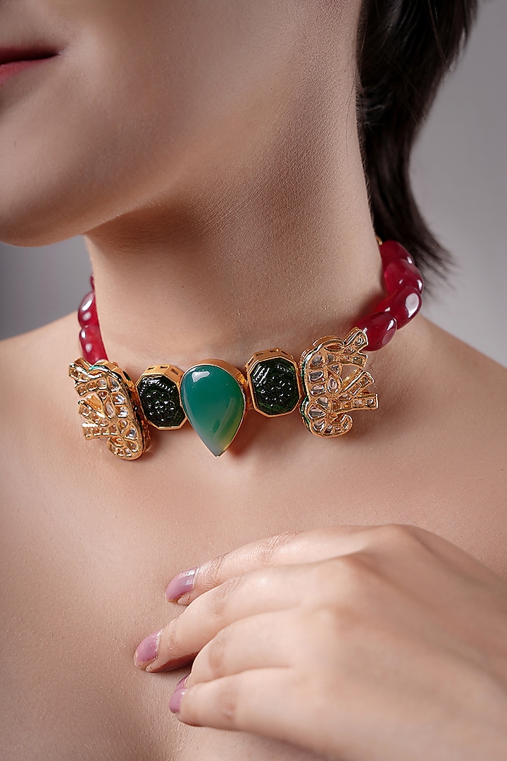 Gold Finish Kundan Polki & Multi-Colored Stone Choker Necklace by XAGO at Pernia's Pop Up Shop