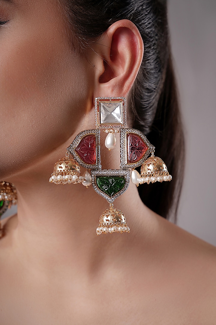 Gold Finish Kundan Polki & Multi-Colored Stone Hoop Earrings by XAGO at Pernia's Pop Up Shop