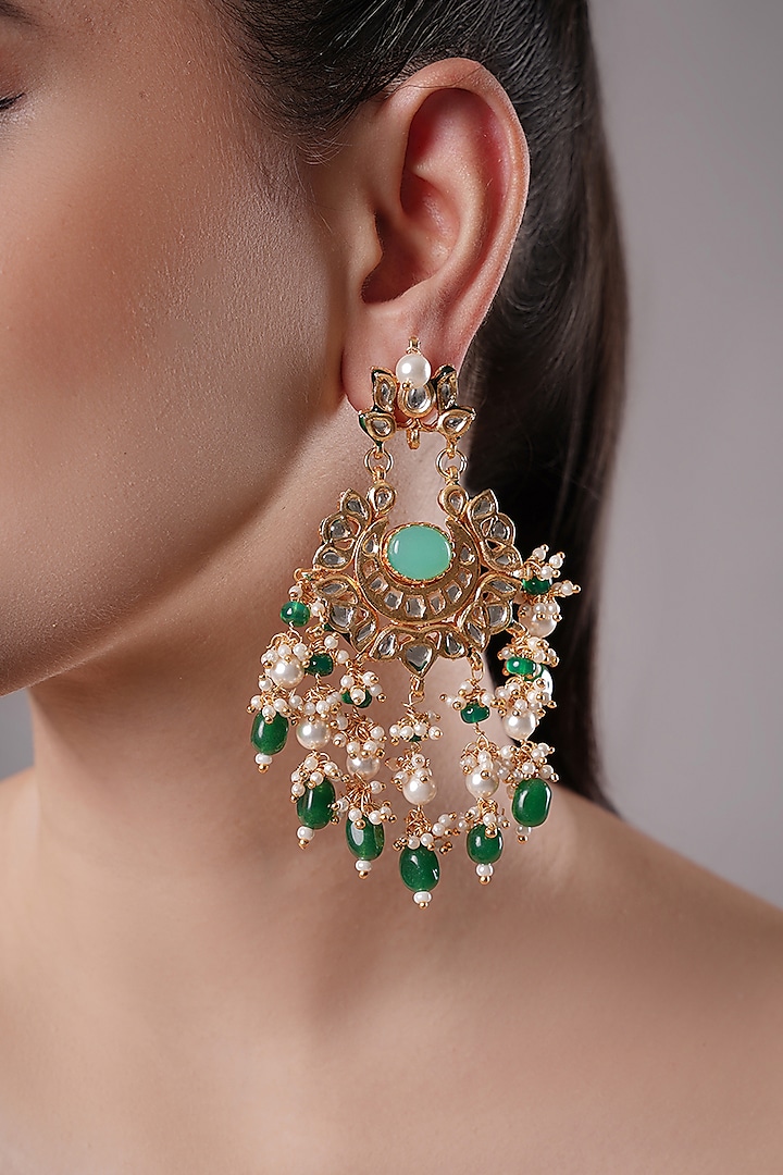 Gold Finish Kundan Polki & Green Onyx Dangler Earrings by XAGO at Pernia's Pop Up Shop