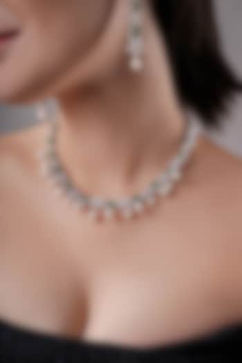 White Rhodium Finish American Diamond & Green Stone Handcrafted Necklace Set by XAGO at Pernia's Pop Up Shop