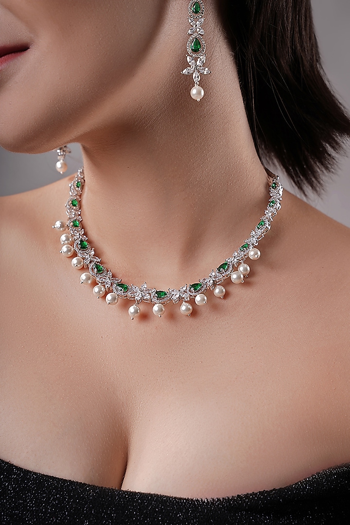 White Rhodium Finish American Diamond & Green Stone Handcrafted Necklace Set by XAGO at Pernia's Pop Up Shop