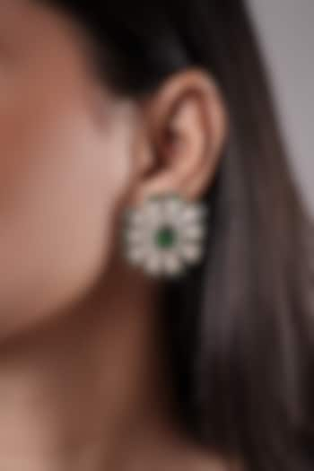 White Finish American Diamond & Green Stone Stud Earrings by XAGO at Pernia's Pop Up Shop