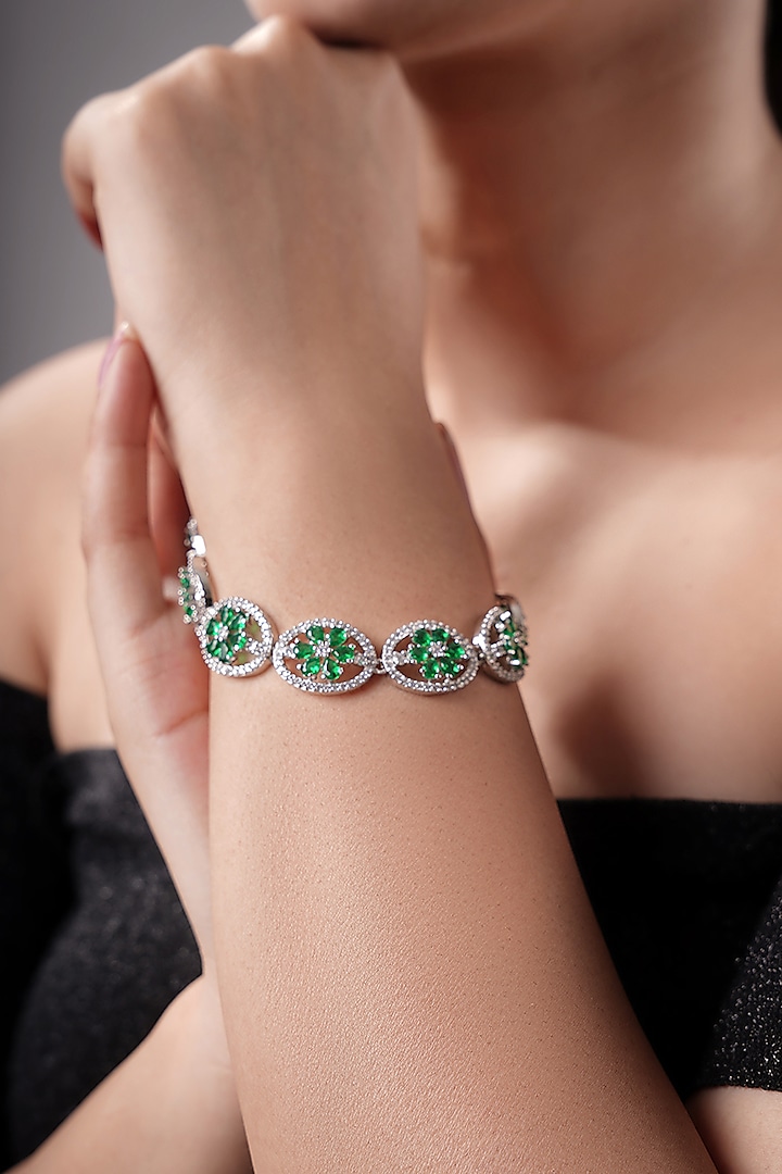 White Rhodium Finish American Diamond & Green Synthetic Stone Bracelet by XAGO at Pernia's Pop Up Shop