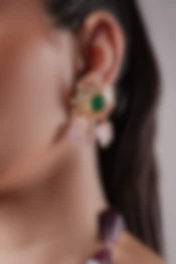 White Finish American Diamond & Green Synthetic Stone Dangler Earrings by XAGO at Pernia's Pop Up Shop