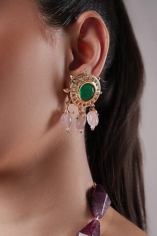 White Finish American Diamond & Green Synthetic Stone Dangler Earrings by XAGO