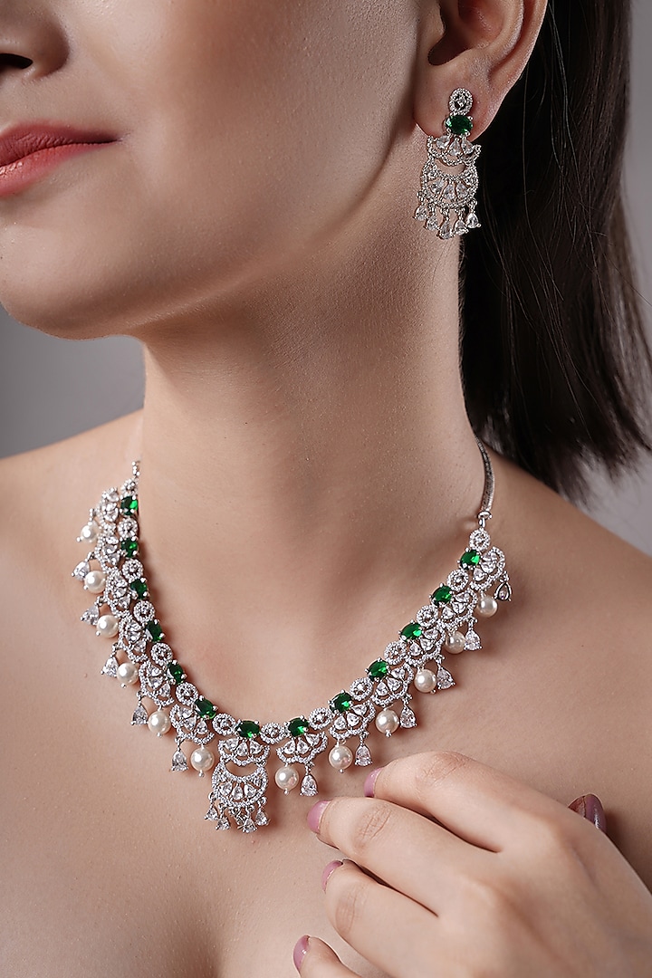 White Rhodium Finish American Diamond & Green Stone Handcrafted Necklace Set by XAGO at Pernia's Pop Up Shop