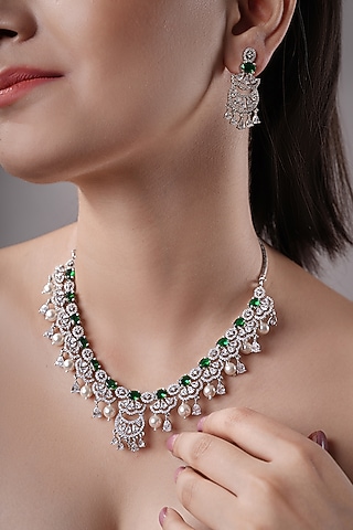 White Rhodium Finish American Diamond & Green Stone Handcrafted Necklace Set by XAGO
