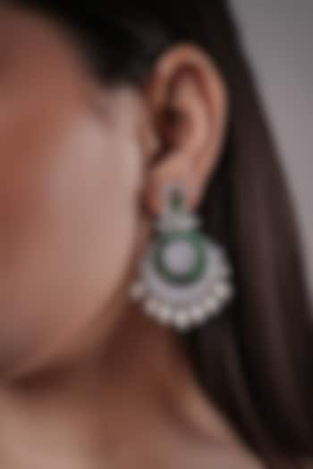 White Rhodium Finish Green Synthetic Stone Dangler Earrings by XAGO at Pernia's Pop Up Shop