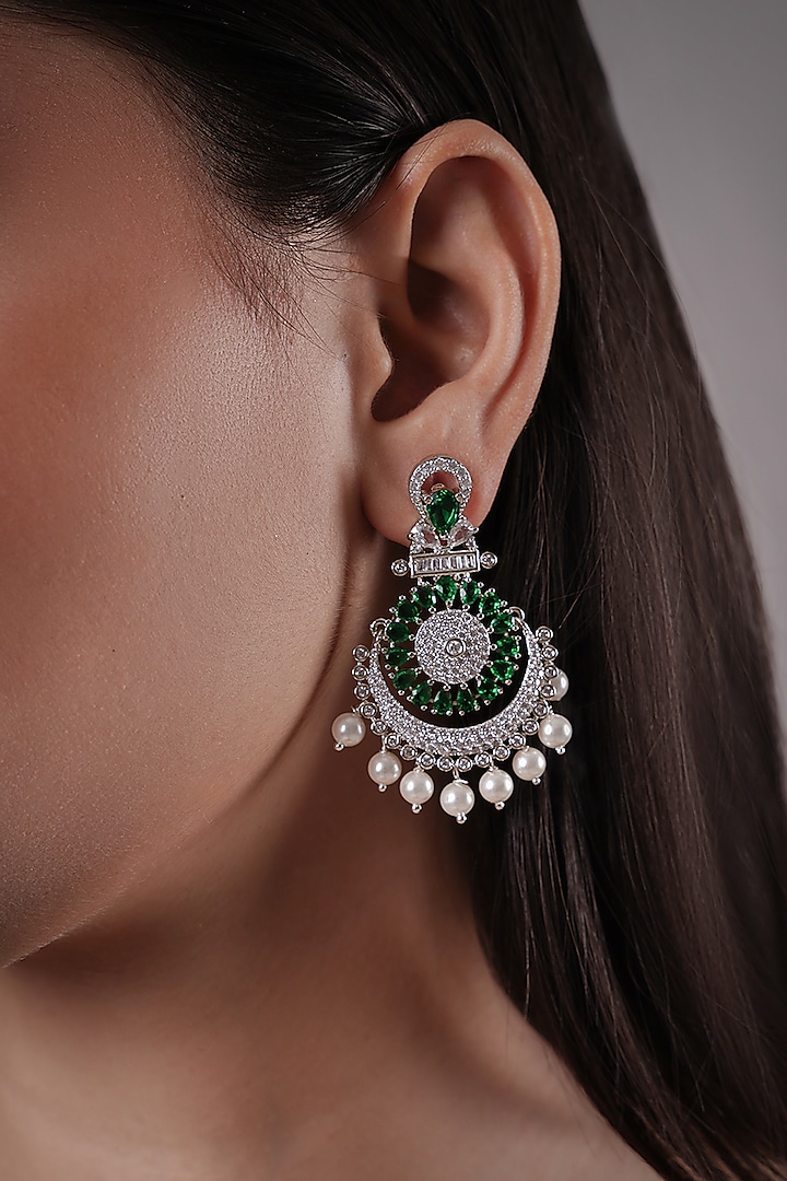 White Rhodium Finish Green Synthetic Stone Dangler Earrings by XAGO at Pernia's Pop Up Shop