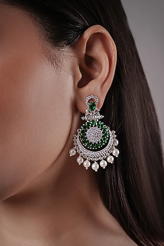 White Rhodium Finish Green Synthetic Stone Dangler Earrings by XAGO