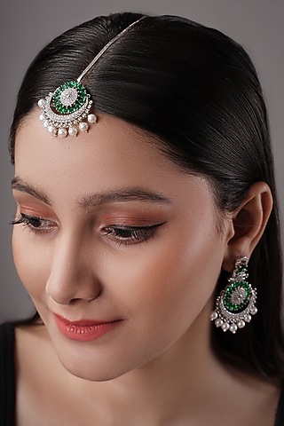 White Finish American Diamond & Green Synthetic Stone Maangtikka by XAGO