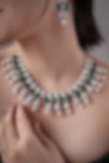 White Rhodium Finish American Diamond & Green Stone Handcrafted Necklace Set by XAGO at Pernia's Pop Up Shop