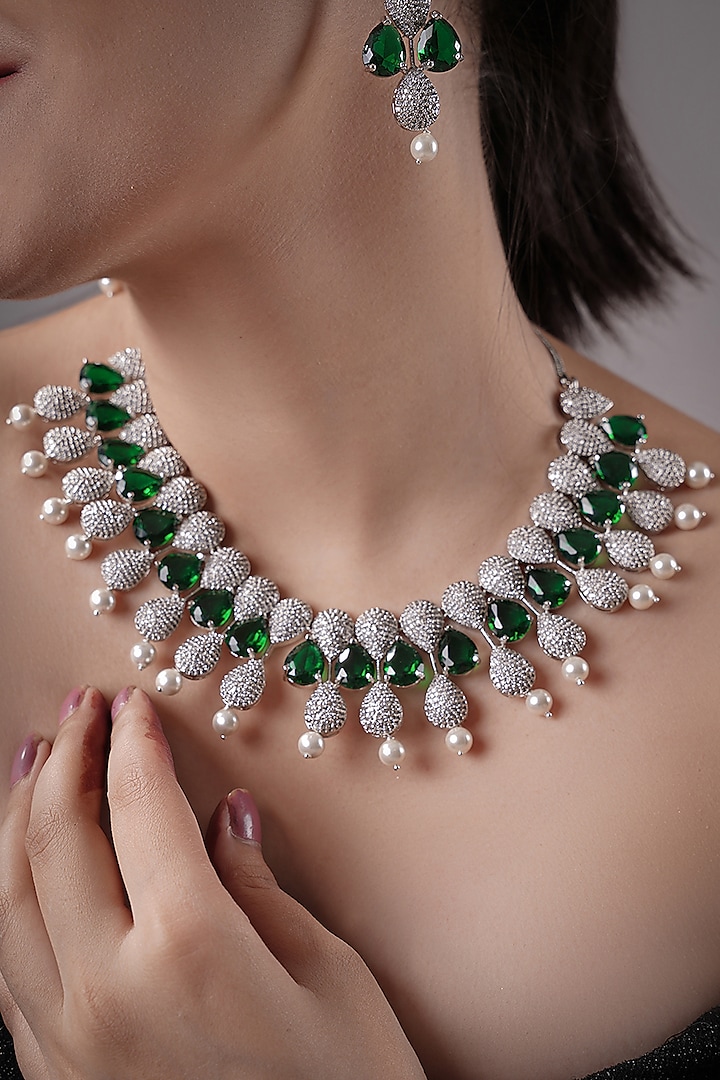 White Rhodium Finish American Diamond & Green Stone Handcrafted Necklace Set by XAGO at Pernia's Pop Up Shop