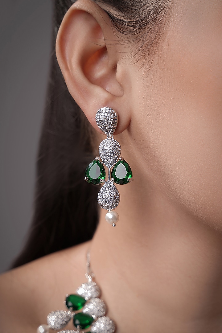 White Rhodium Finish American Diamond & Green Stone Handcrafted Necklace Set by XAGO at Pernia's Pop Up Shop